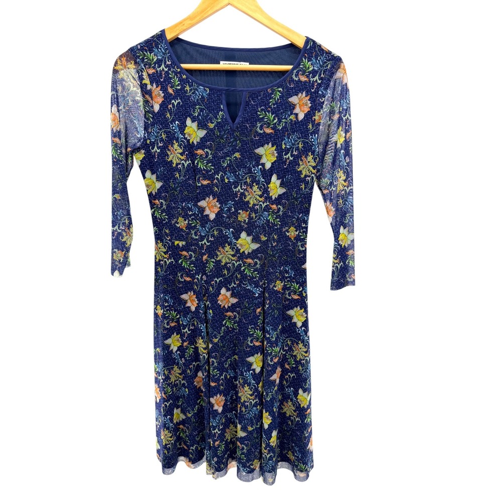 Vivienne Tam Mesh Dress Sz 2 US S M Blue‎ Floral Keyhole A-Line Sheer Sleeve Vtg